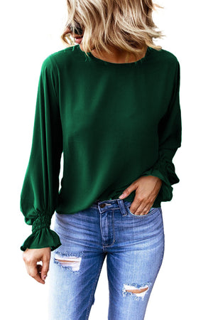 Green Crew Neck Ruffle Bubble Sleeve Top