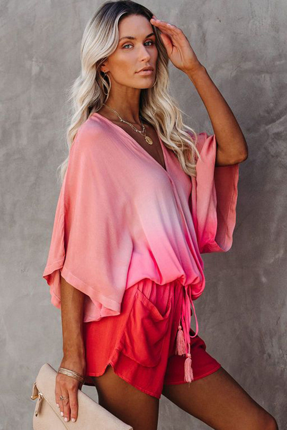 Pink Pocketed Ombre Kimono Romper