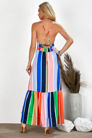 Crochet Insert Multicolor Striped Maxi Dress