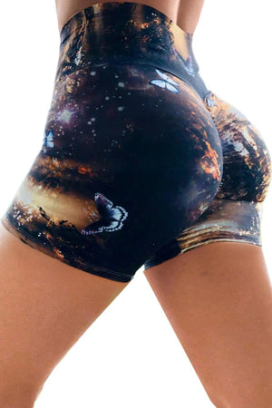 Black Galaxy Print Booty Yoga Shorts