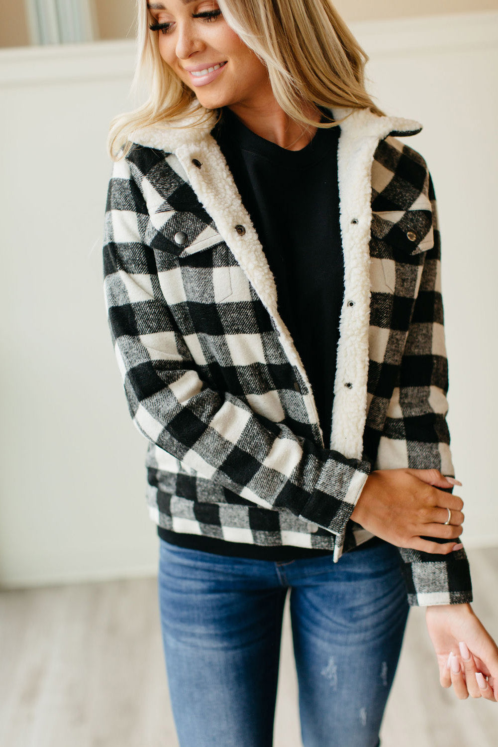 Black Plaid Print Fleece Button Jacket
