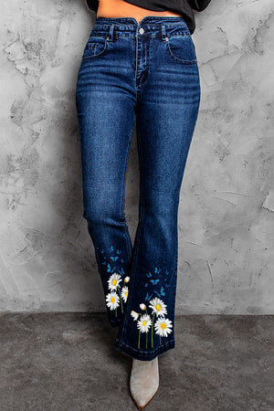 Blue Daisy Print High Waist Flare Jeans