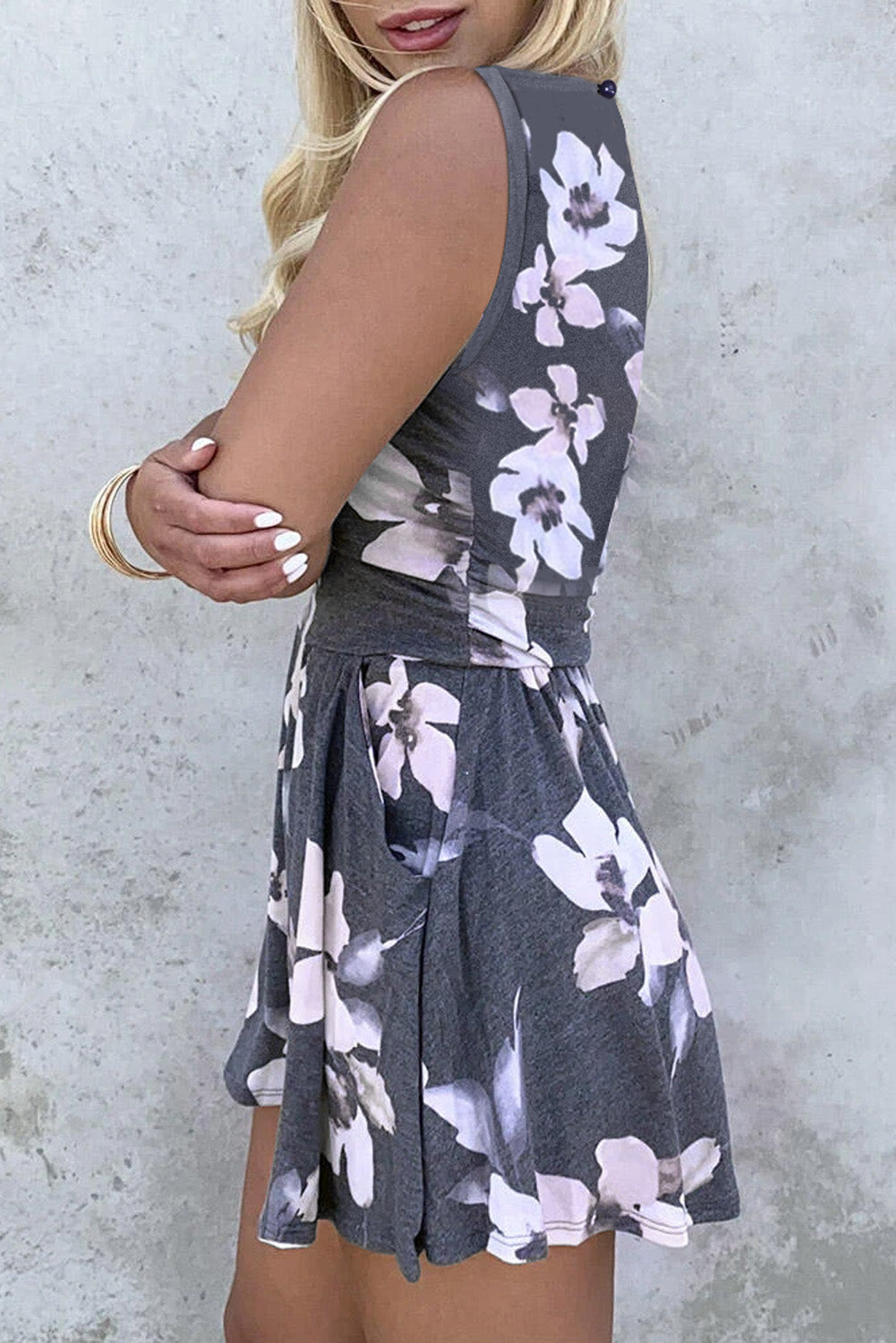 Gray Floral Ruffled Pocket Sleeveless Romper