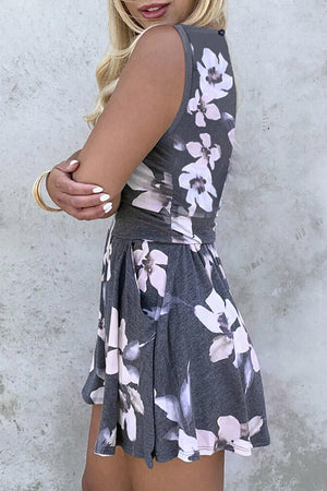 Gray Floral Ruffled Pocket Sleeveless Romper