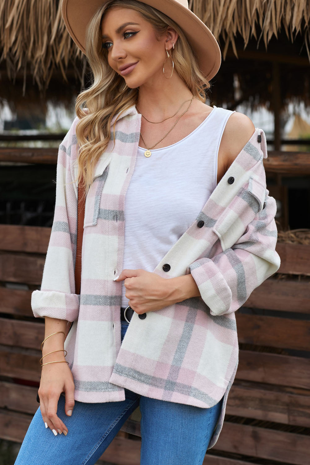 Pink Plaid Print Pocket Women Shacket