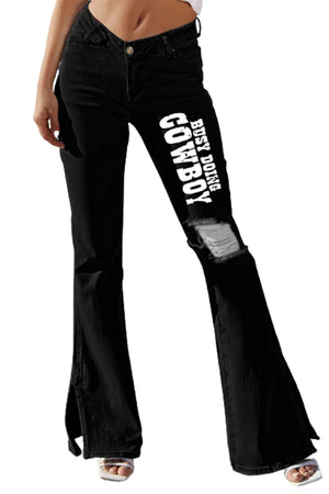 Letter Print Side Split Distressed Flare Jeans