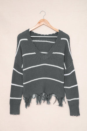 Gray Distressed V Neck Raw Hemline Striped Cropped Sweater