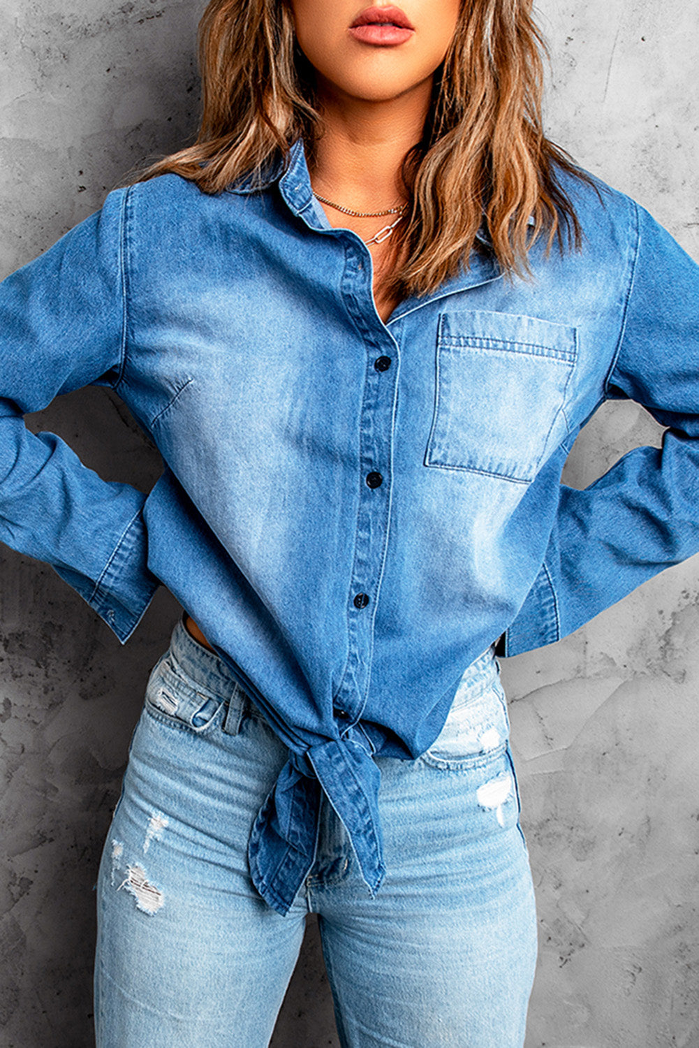 Blue Washed Pocketed Denim Shirt