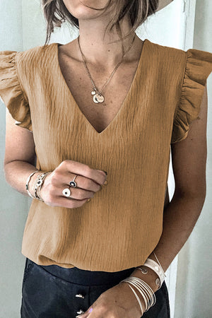 Khaki Ruffled Sleeve V Neck Top