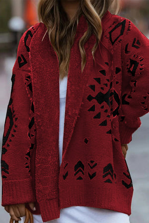 Red print Open Front Knitted Sweater