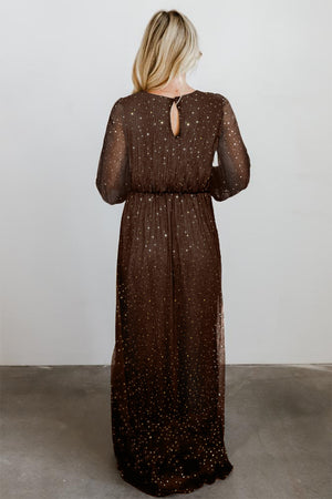 Brown Side Split Rhinestone V Neck Maxi Dress