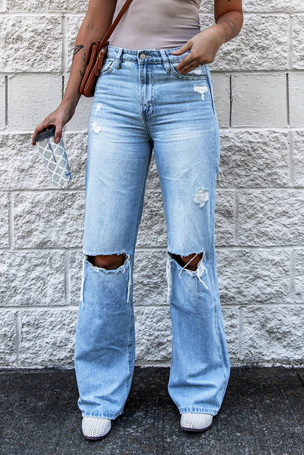 Light Blue Washed Knee Holes Wide Legs High Waist Jeans