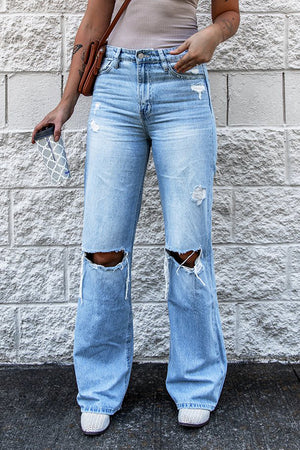 Light Blue Washed Knee Holes Wide Legs High Waist Jeans