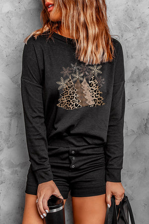 Christmas Leopard Graphic Print Top and Shorts Pajama Set