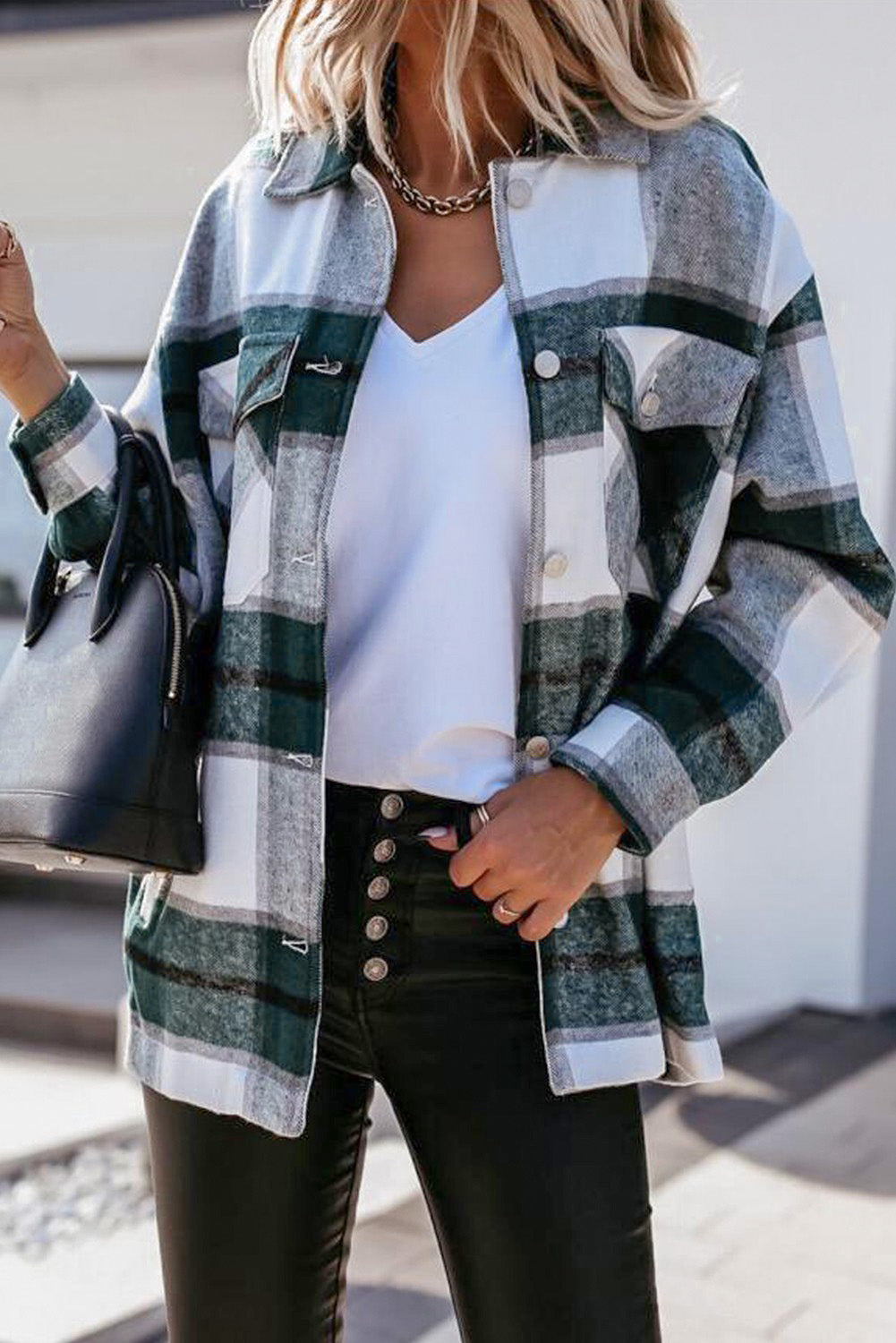 Green Plaid Print Buttoned Shirt Coat with Pocket