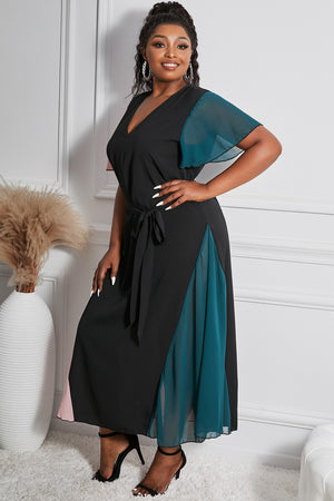 Color Block Lace-up V Neck Plus Size Maxi Dress