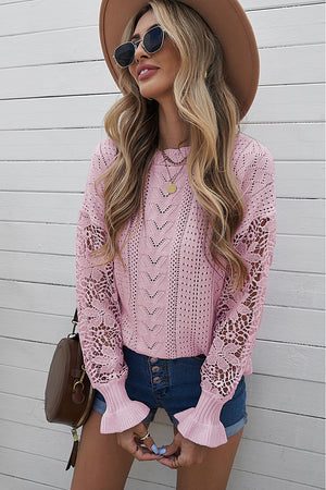 Pink Crochet Lace Pointelle Knit Sweater