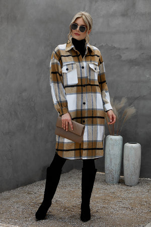 Khaki Turn Down Collar Pocket Buttoned Plaid Print Coat