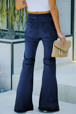 Blue High Waist Pockets Bell Jeans