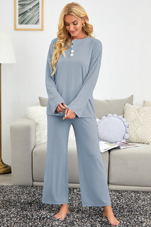 Blue Long Sleeve Buttoned Wide Leg Lounge Wear