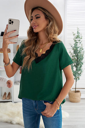 Green Lace V Neck Short Sleeve T-shirt