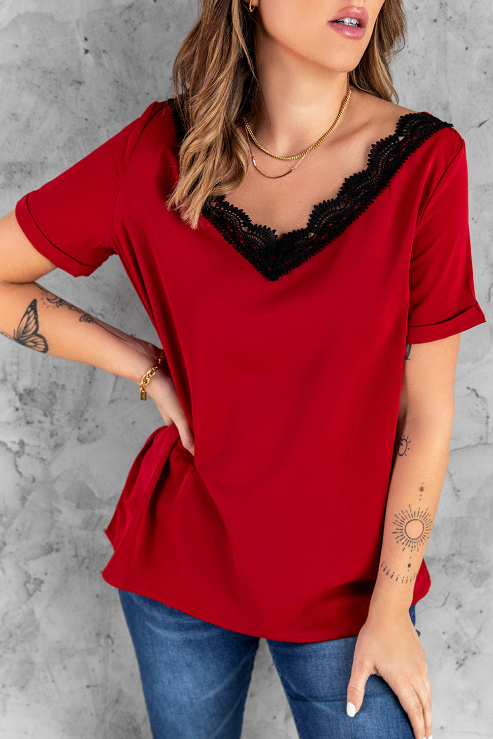Wine Lace V Neck Short Sleeve T-shirt