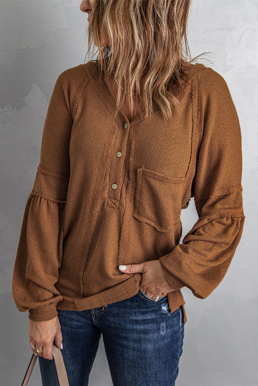 Brown Lantern Sleeve Henley Knit Hoodie