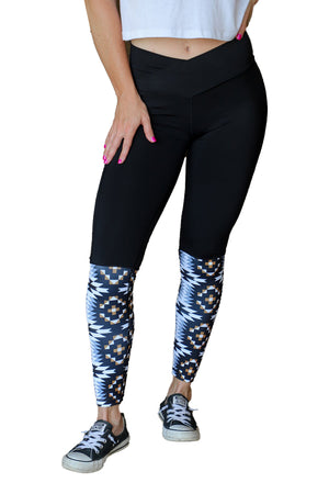 Black Crossover High Waist Aztec Print Patchwork Yoga Leggings
