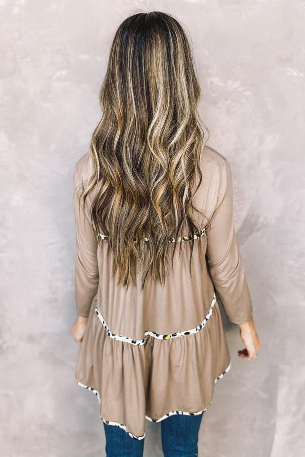 Khaki Leopard Splicing Ruffle Long Sleeve Top