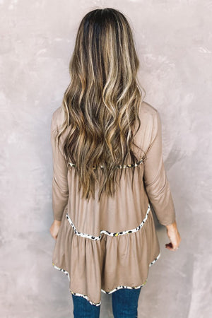 Khaki Leopard Splicing Ruffle Long Sleeve Top