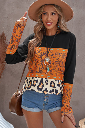 Black Leopard Tribal Print Splicing Long Sleeve Top