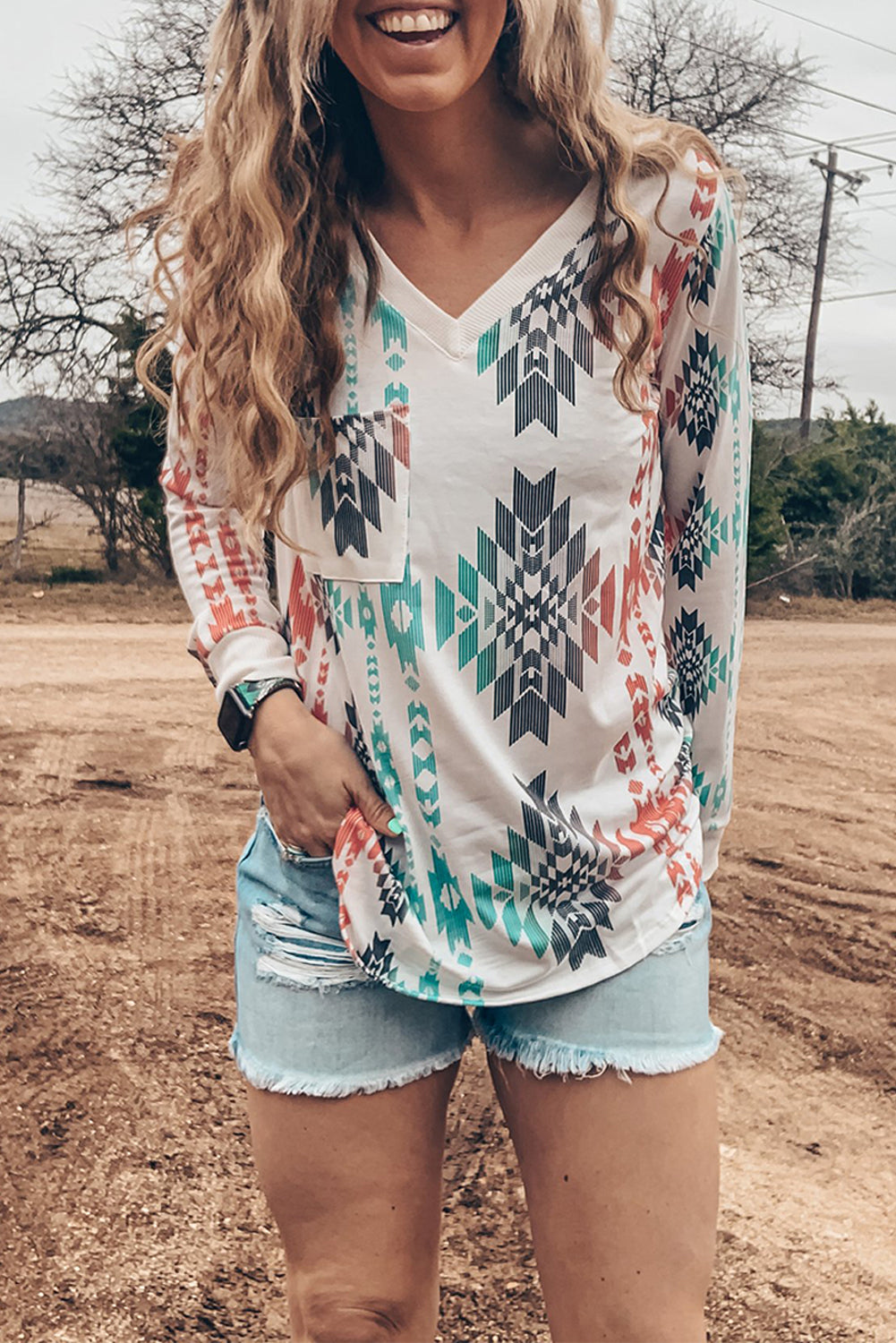 V Neck Long Sleeve Aztec Print Top with Pocket