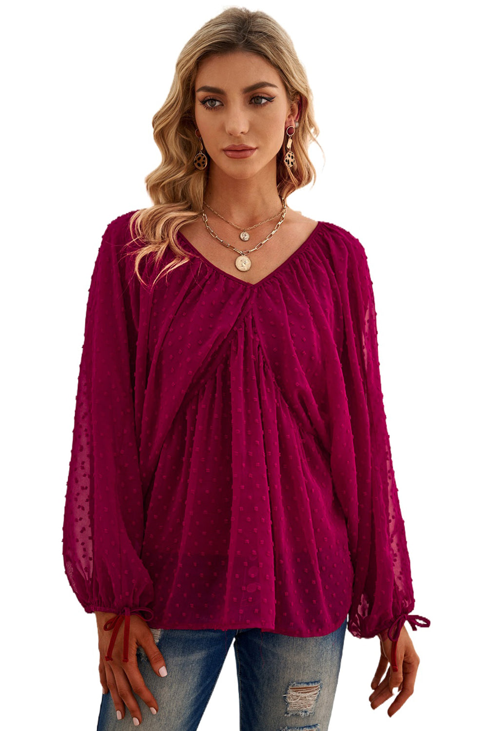 Swiss Dot Lace-up V Neck Long Sleeve Top