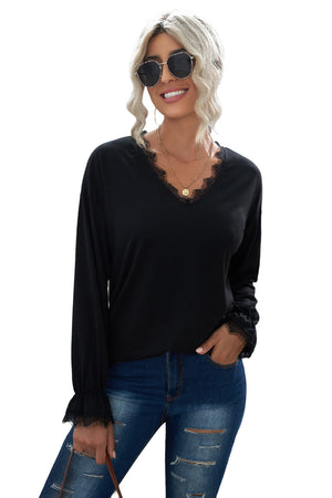 Black Solid Color Lace V Neck Long Sleeve Top