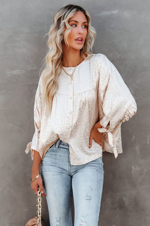 Apricot Leopard Print Satin Tie Knot Buttoned Shirt