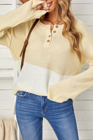 Khaki Splicing Buttoned Knitted Long Sleeve Sweater