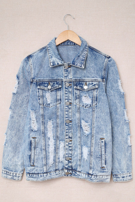 Sky Blue Distressed Buttons Washed Denim Jacket