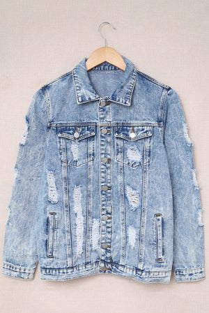 Sky Blue Distressed Buttons Washed Denim Jacket