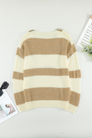 Khaki Striped Lace Splicing V Neck Knit Sweater