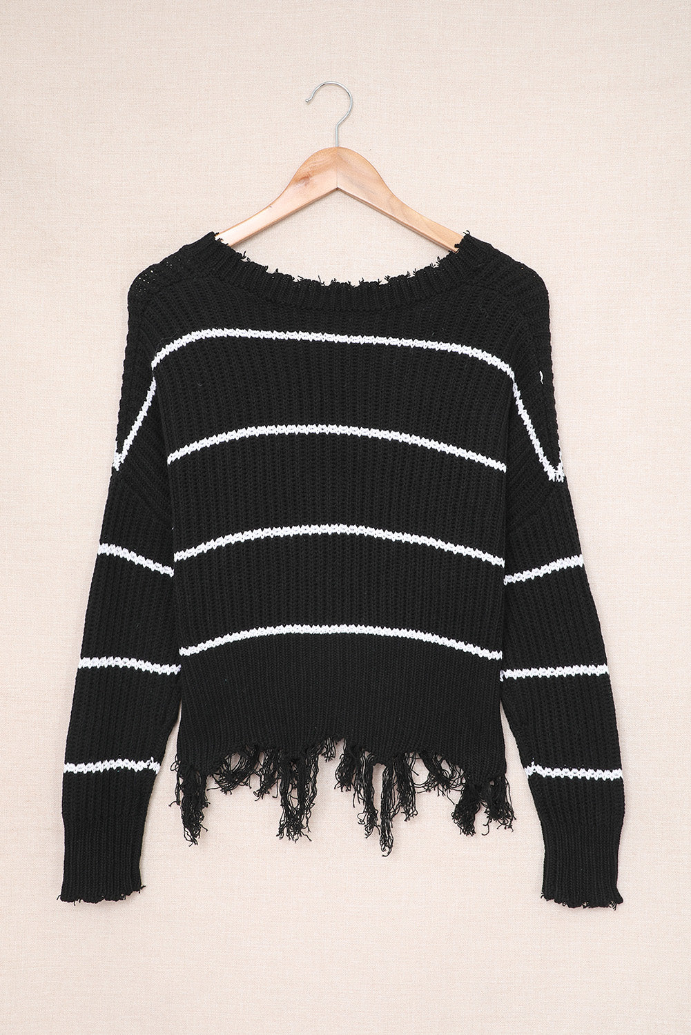 Black Distressed V Neck Raw Hemline Striped Cropped Sweater