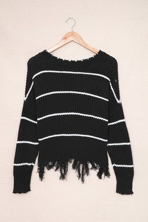 Black Distressed V Neck Raw Hemline Striped Cropped Sweater