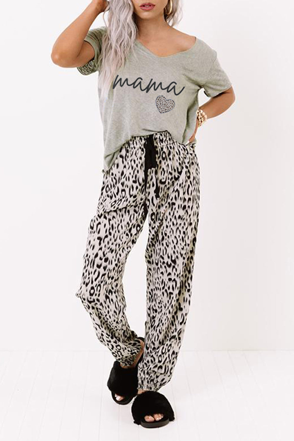 Leopard Print V Neck Elastic Waist Loose Lounge Set
