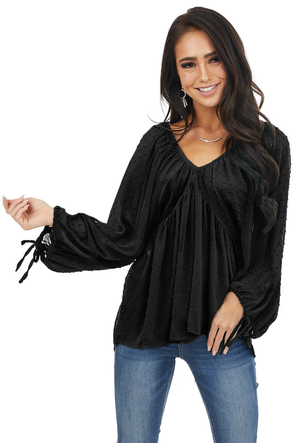 Black Swiss Dot Lace-up V Neck Long Sleeve Top
