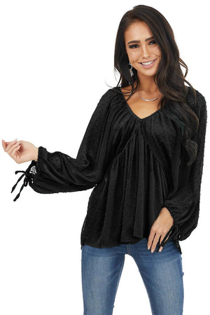 Black Swiss Dot Lace-up V Neck Long Sleeve Top