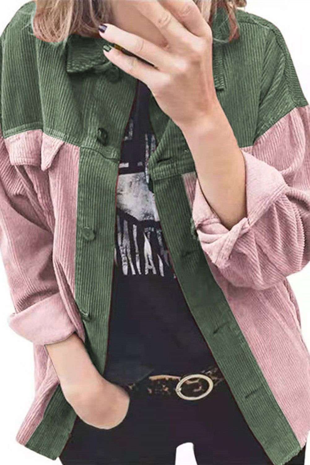 Army Green Buttoned Color Block Corduroy Jacket