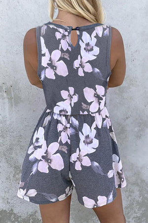 Gray Floral Ruffled Pocket Sleeveless Romper