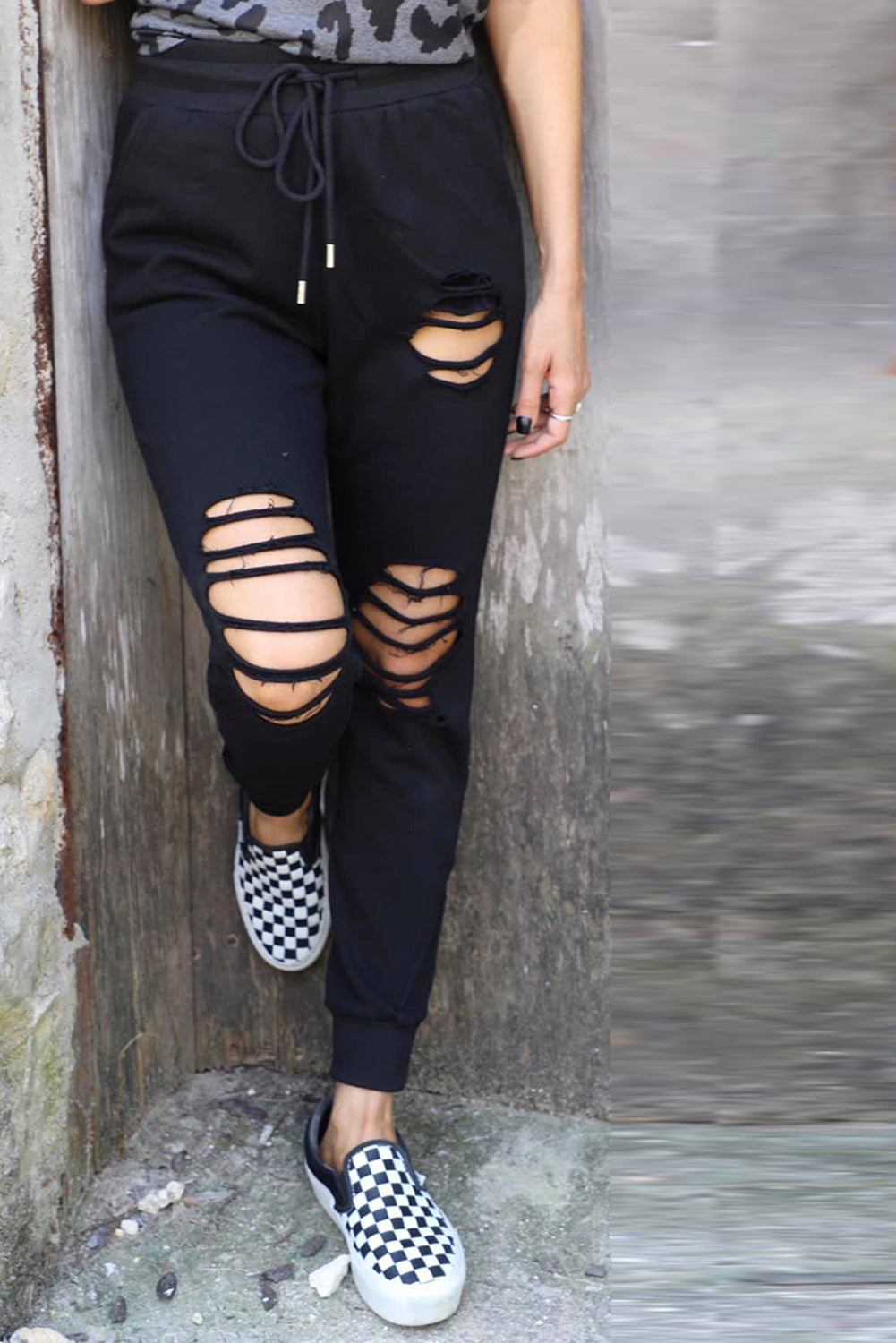 Elastic Waist Drawstring Distressed Pants