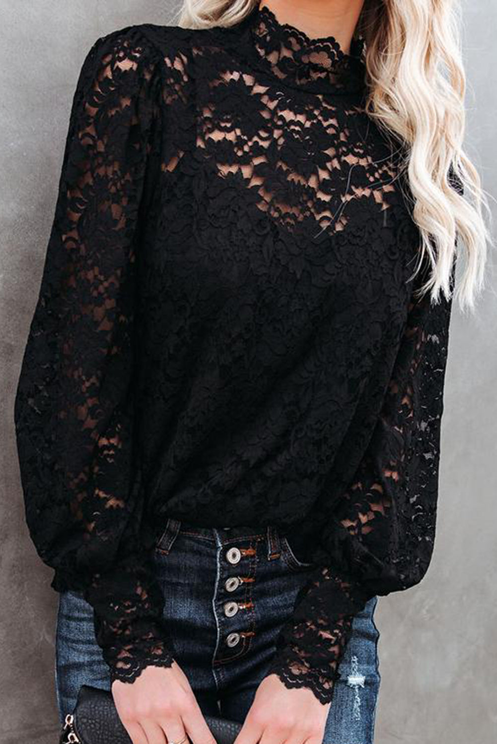Black Lace Splicing Mock Neck Blouse