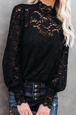 Black Lace Splicing Mock Neck Blouse