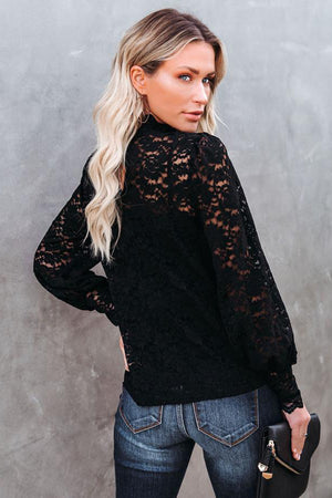 Black Lace Splicing Mock Neck Blouse